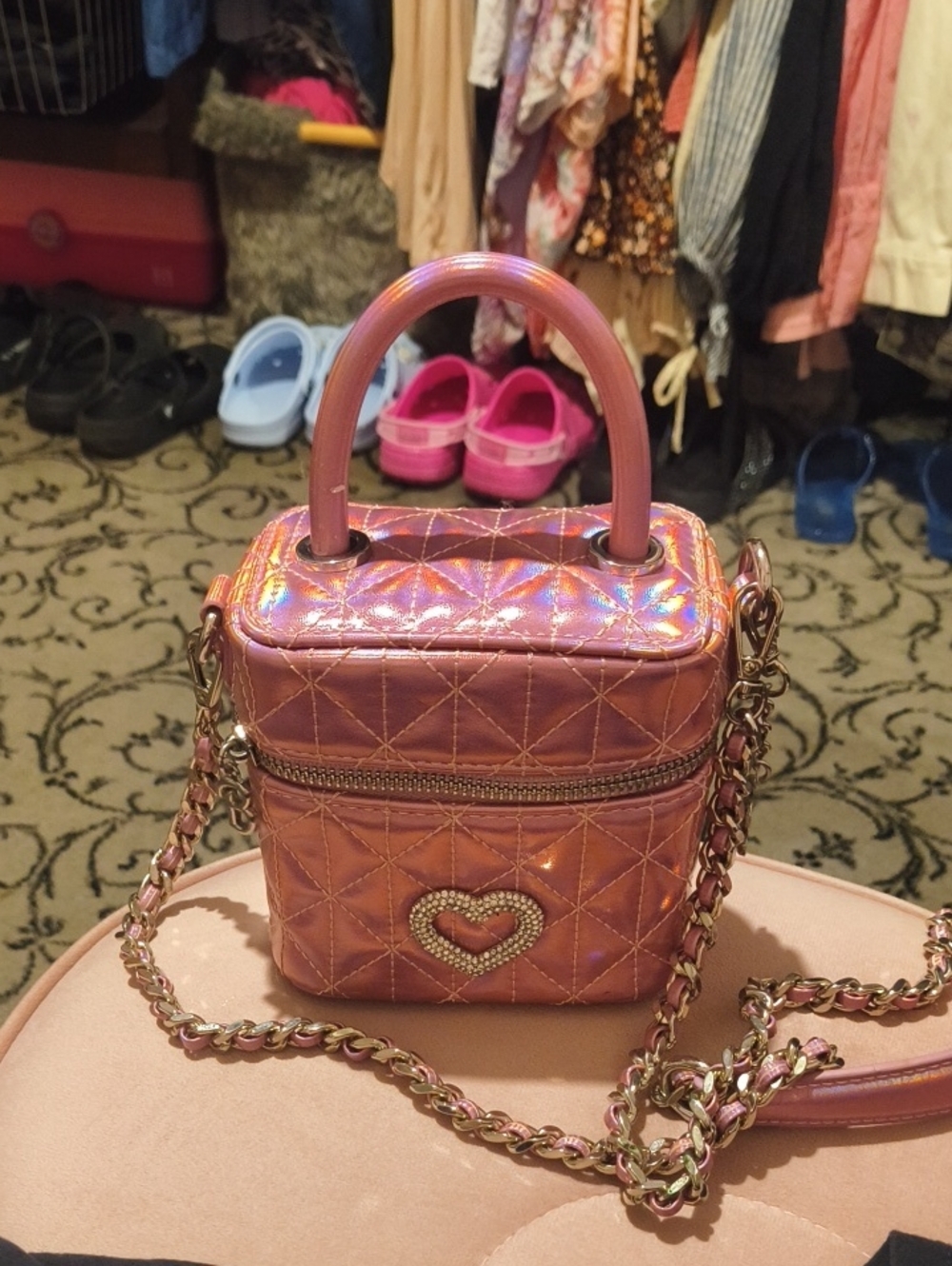 Aldo X Barbie ridescent Pink Quilted Heart Crossbody Bag Aldo Barbie Collab